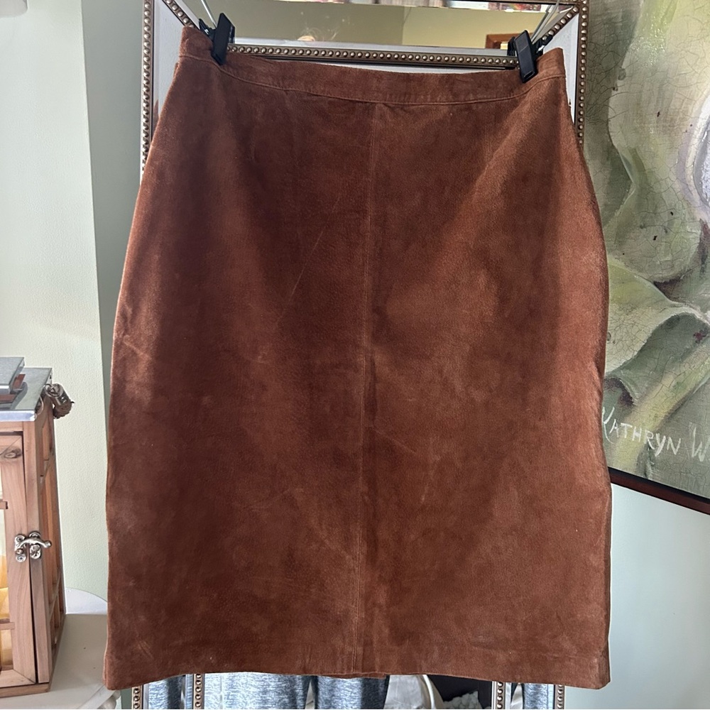 Women’s BIC’E By SAG HARBOR Genuine Brown Suede Leather Pencil Skirt Waist 33”